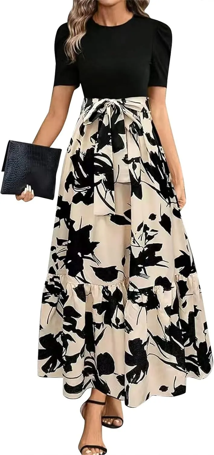 Womens Floral Maxi Dress Short Sleeve Empire Waist Elegant Long Dress with Belt Summer Casual Vintage Flowy Dresses