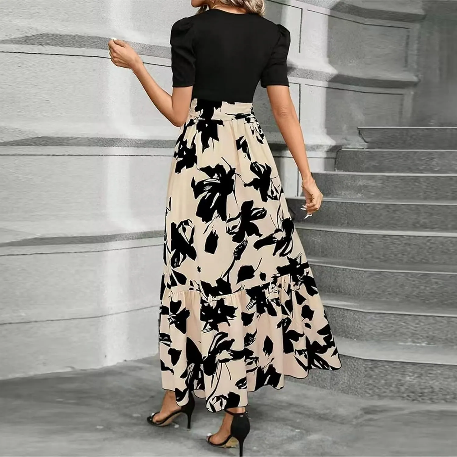 Womens Floral Maxi Dress Short Sleeve Empire Waist Elegant Long Dress with Belt Summer Casual Vintage Flowy Dresses