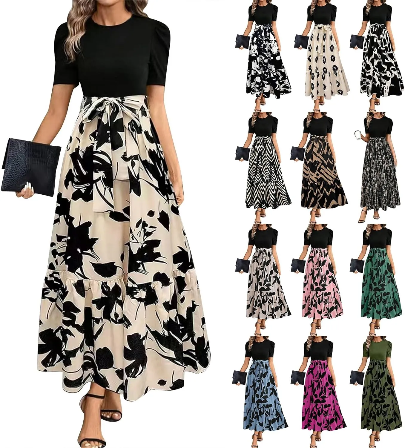Womens Floral Maxi Dress Short Sleeve Empire Waist Elegant Long Dress with Belt Summer Casual Vintage Flowy Dresses