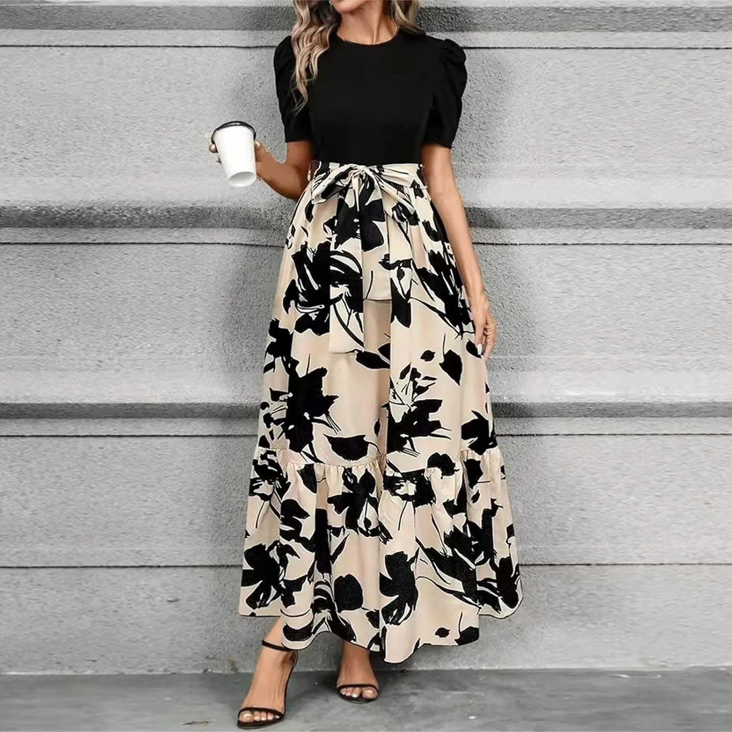 Womens Floral Maxi Dress Short Sleeve Empire Waist Elegant Long Dress with Belt Summer Casual Vintage Flowy Dresses