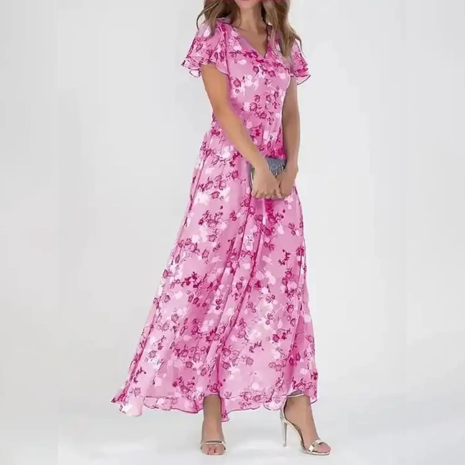 Womens Floral Maxi Dress Summer Short Sleeve Boho Wedding Guest Dress Empire Waist Chiffon Modest Midi Dresses