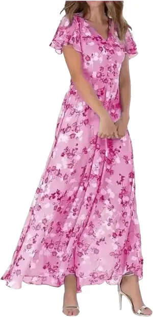 Womens Floral Maxi Dress Summer Short Sleeve Boho Wedding Guest Dress Empire Waist Chiffon Modest Midi Dresses