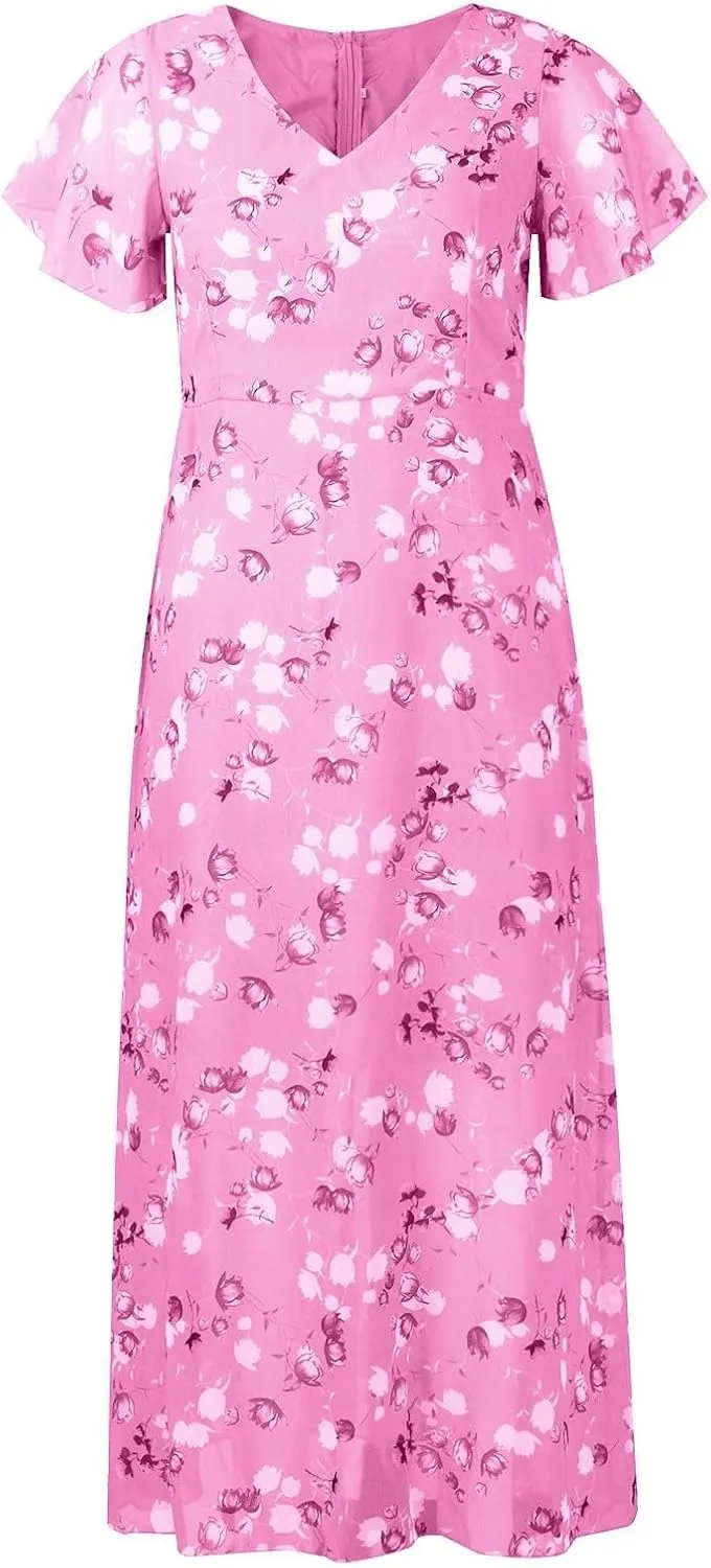 Womens Floral Maxi Dress Summer Short Sleeve Boho Wedding Guest Dress Empire Waist Chiffon Modest Midi Dresses