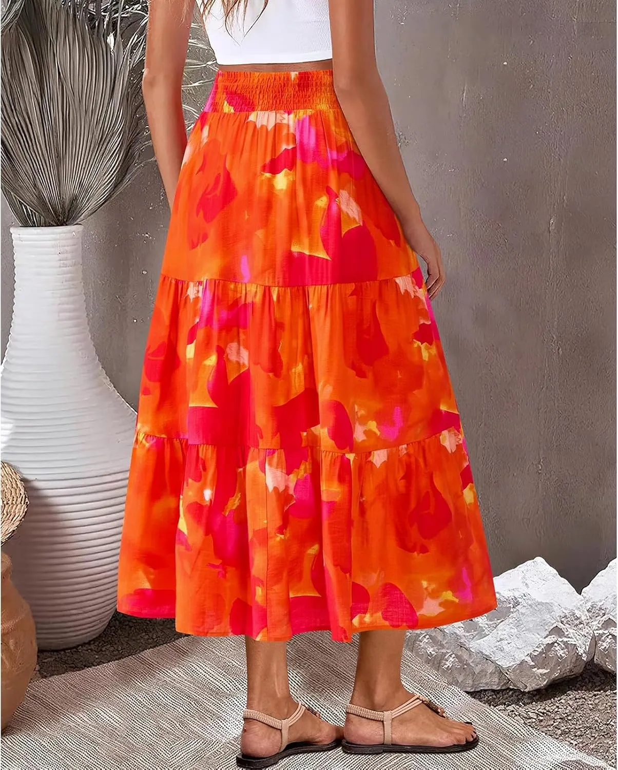 Women's Floral Print Midi Maxi Skirts- 2025 Summer Casual Aline Elastic High Waist Pleated Flowy Long Skirt Pockets