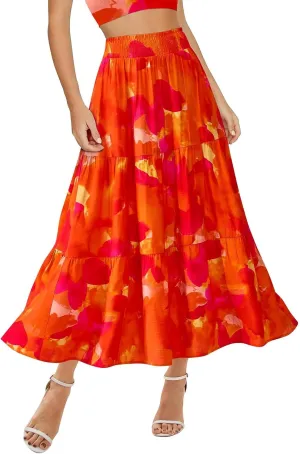 Women's Floral Print Midi Maxi Skirts- 2025 Summer Casual Aline Elastic High Waist Pleated Flowy Long Skirt Pockets