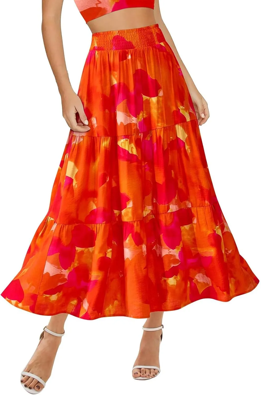 Women's Floral Print Midi Maxi Skirts- 2025 Summer Casual Aline Elastic High Waist Pleated Flowy Long Skirt Pockets
