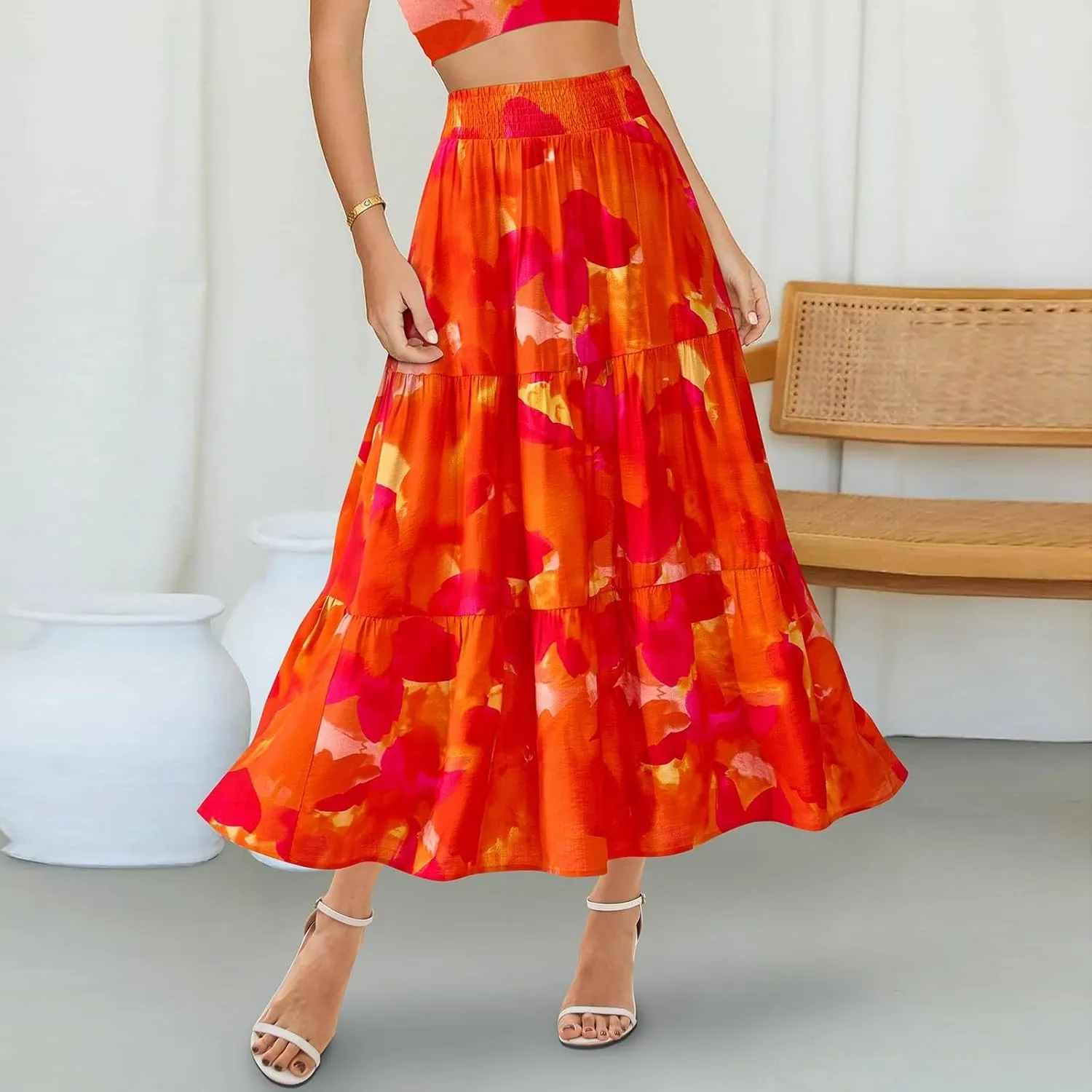Women's Floral Print Midi Maxi Skirts- 2025 Summer Casual Aline Elastic High Waist Pleated Flowy Long Skirt Pockets