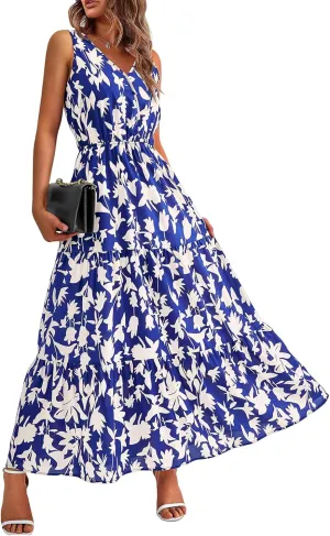 Women's Floral Summer Maxi Dress Casual Sleeveless Drsses V Neck Empire Waist Boho Dress Swing Flowy Sundress