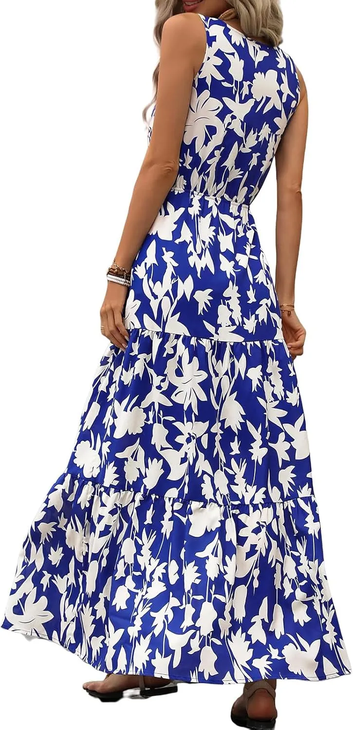 Women's Floral Summer Maxi Dress Casual Sleeveless Drsses V Neck Empire Waist Boho Dress Swing Flowy Sundress