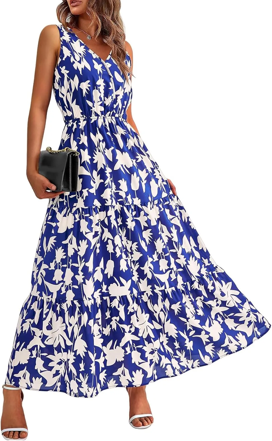 Women's Floral Summer Maxi Dress Casual Sleeveless Drsses V Neck Empire Waist Boho Dress Swing Flowy Sundress