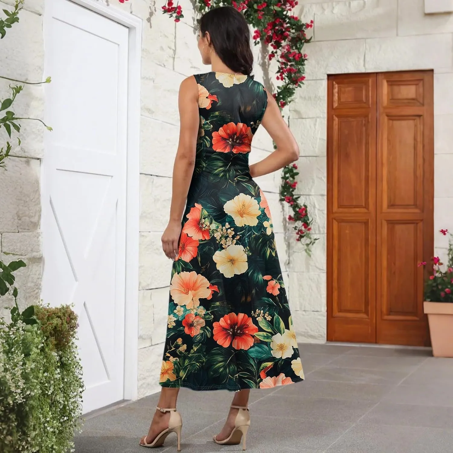 Women's Flowy Dresses Sleeveless V Neck Floral Empire Waist Beach Summer A Line Maxi Sundresses, S-2XL