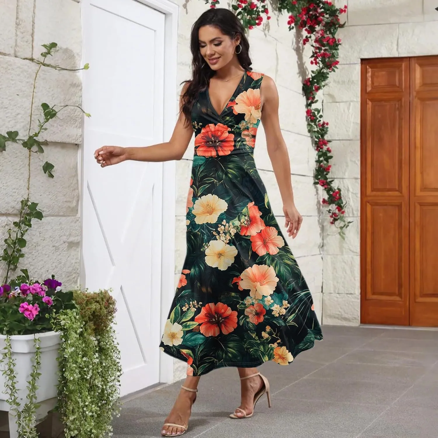Women's Flowy Dresses Sleeveless V Neck Floral Empire Waist Beach Summer A Line Maxi Sundresses, S-2XL
