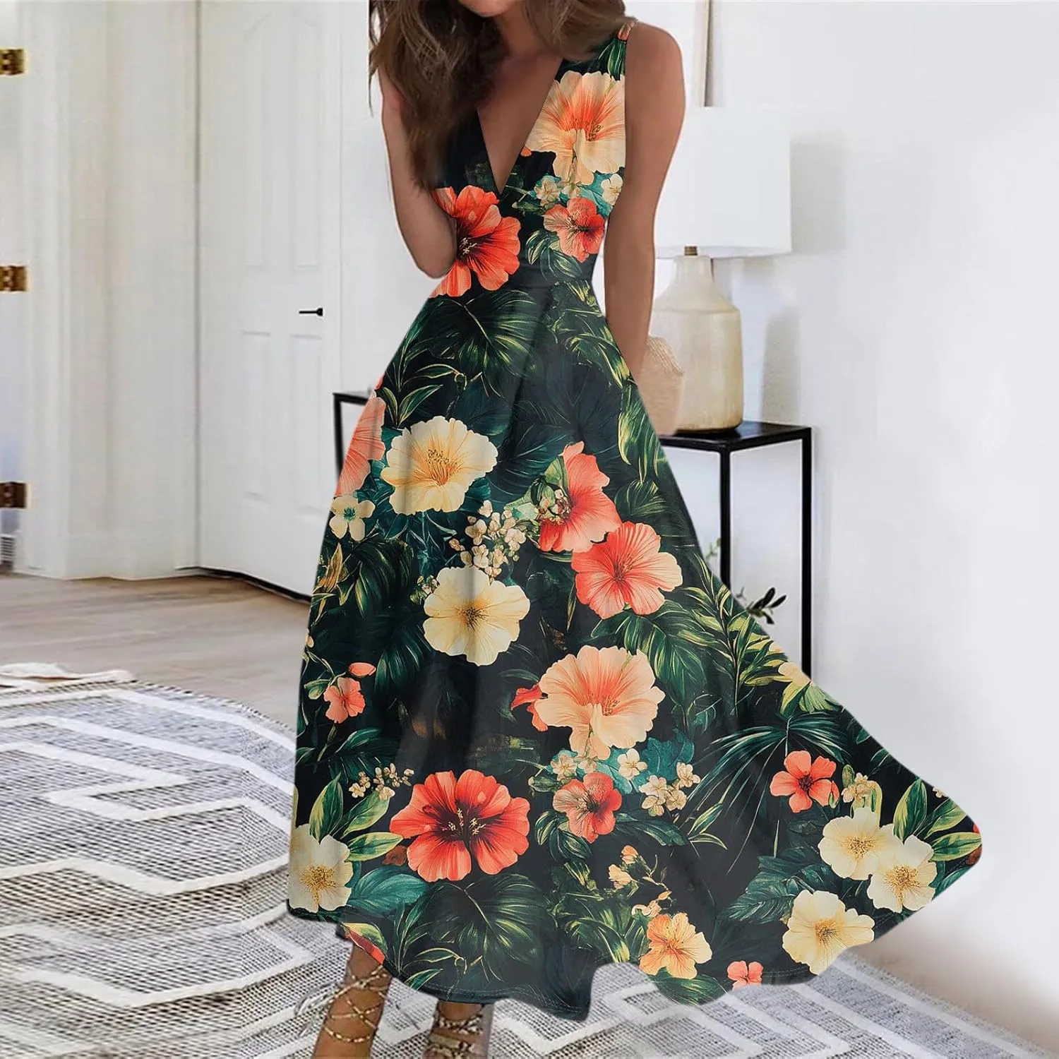 Women's Flowy Dresses Sleeveless V Neck Floral Empire Waist Beach Summer A Line Maxi Sundresses, S-2XL