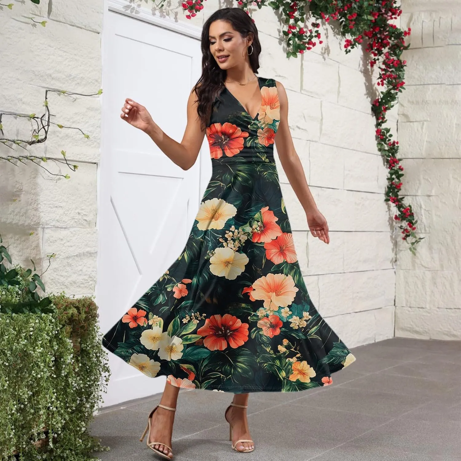 Women's Flowy Dresses Sleeveless V Neck Floral Empire Waist Beach Summer A Line Maxi Sundresses, S-2XL