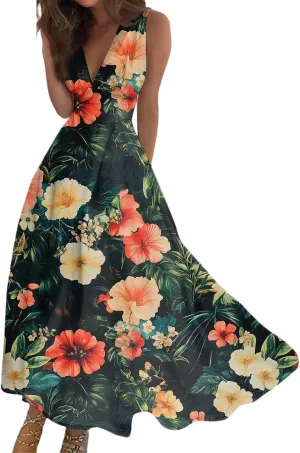 Women's Flowy Dresses Sleeveless V Neck Floral Empire Waist Beach Summer A Line Maxi Sundresses, S-2XL
