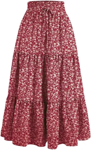 Womens Flowy Maxi Skirt Vintage Floral Print Drawstring High Waist Elastic A Line Boho Beach Holiday Long Skirts