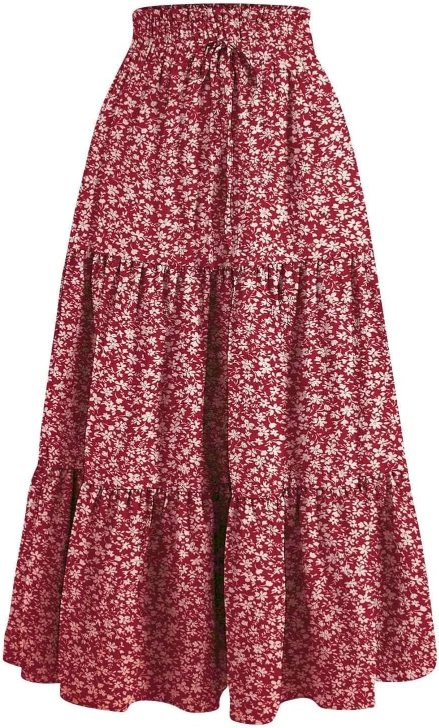 Womens Flowy Maxi Skirt Vintage Floral Print Drawstring High Waist Elastic A Line Boho Beach Holiday Long Skirts