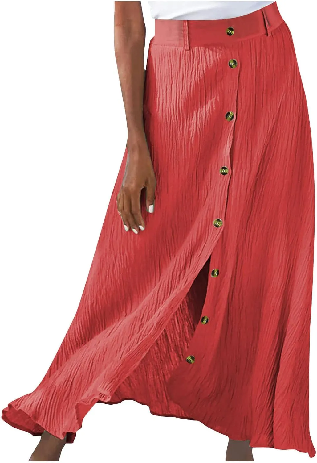 Womens Flowy Summer Skirts Button Front A Line Skirts High Rise Midi Beach Skirt Loose Fit Casual Skirts Cruise Wear