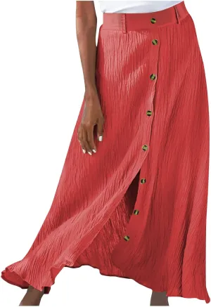 Womens Flowy Summer Skirts Button Front A Line Skirts High Rise Midi Beach Skirt Loose Fit Casual Skirts Cruise Wear