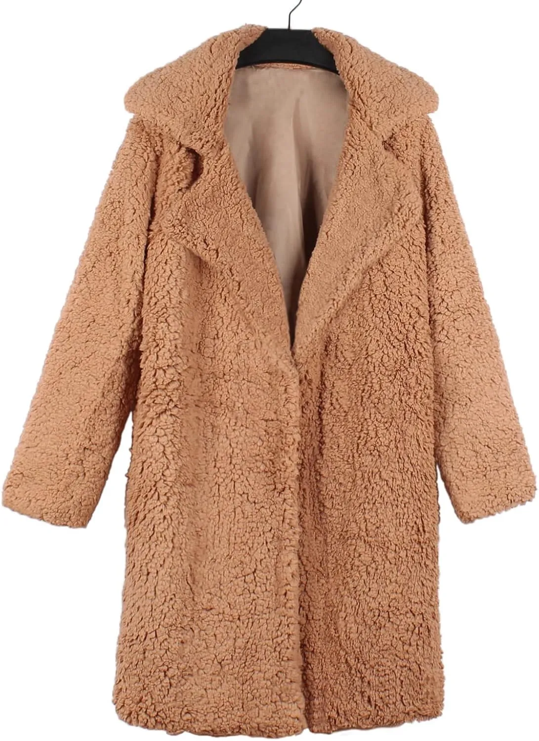 Women's Fuzzy Fleece Lapel Coats Winter Open Front Long Cardigan Faux Fur Warm Teddy Coat Solid Plush Jacket Outerwear