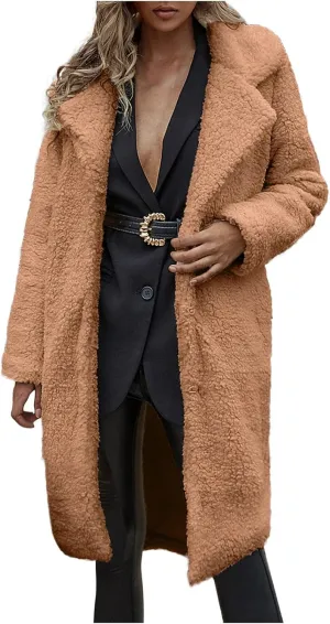 Women's Fuzzy Fleece Lapel Coats Winter Open Front Long Cardigan Faux Fur Warm Teddy Coat Solid Plush Jacket Outerwear