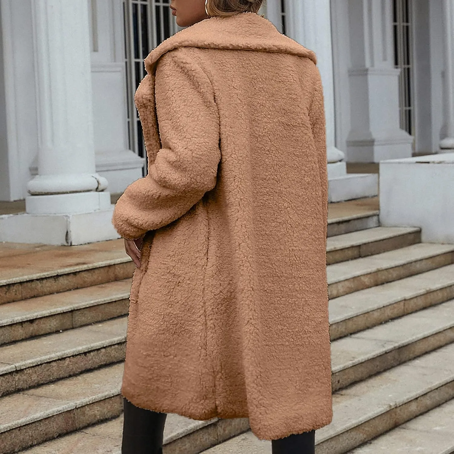 Women's Fuzzy Fleece Lapel Coats Winter Open Front Long Cardigan Faux Fur Warm Teddy Coat Solid Plush Jacket Outerwear