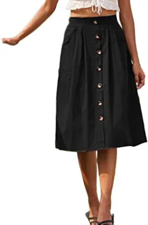 Women's High Waist a Line Button Midi Skirt Solid Casual Cotton Flowy Swing Beach Skirts with Pockets