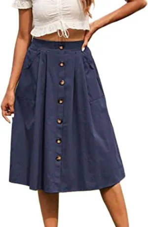 Women's High Waist a Line Button Midi Skirt Solid Casual Cotton Flowy Swing Beach Skirts with Pockets