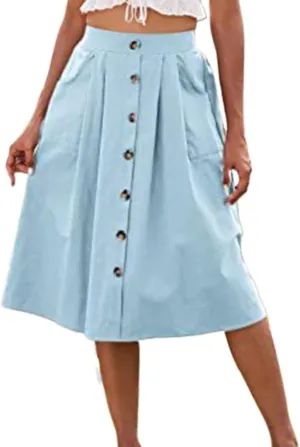 Women's High Waist a Line Button Midi Skirt Solid Casual Cotton Flowy Swing Beach Skirts with Pockets