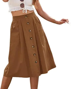 Women's High Waist a Line Button Midi Skirt Solid Casual Cotton Flowy Swing Beach Skirts with Pockets