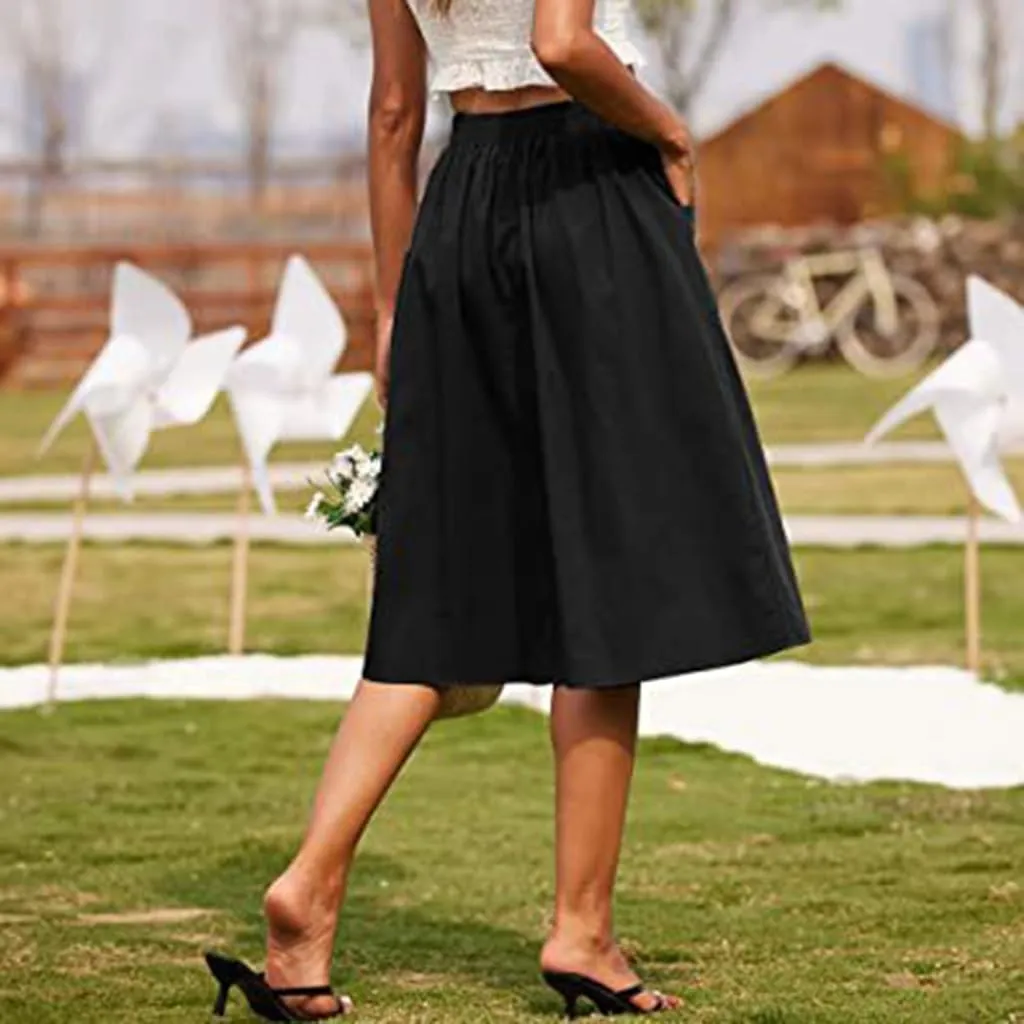 Women's High Waist a Line Button Midi Skirt Solid Casual Cotton Flowy Swing Beach Skirts with Pockets