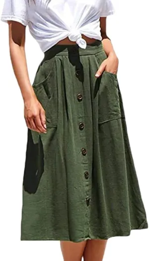 Women's High Waist a Line Button Midi Skirt Solid Casual Cotton Flowy Swing Beach Skirts with Pockets
