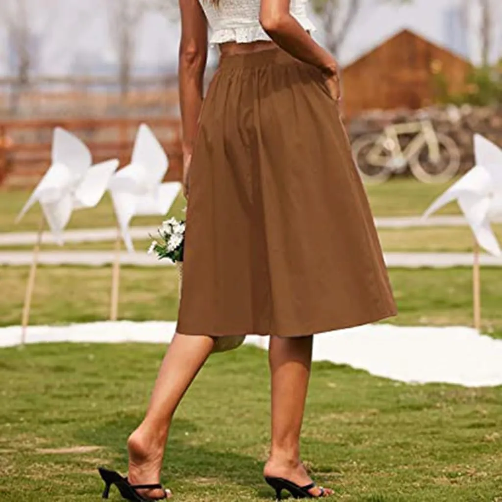 Women's High Waist a Line Button Midi Skirt Solid Casual Cotton Flowy Swing Beach Skirts with Pockets