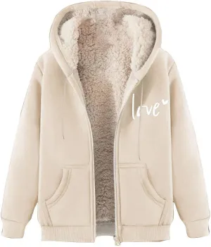 Womens Lamb Fleece Zip Up Hoodie Trendy Letter Printted Thick Thermal Jacket Long Sleeve Going Out Y2K Athletic Coats