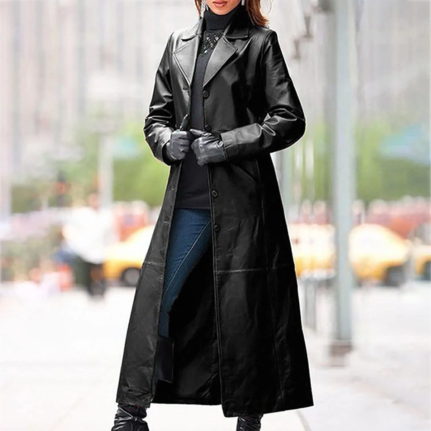 Womens Leather Long Jackets Dress Full Zipper Leather Jacket Coats Fashion Motorcycle Outwear PU Faux Leather Jackets