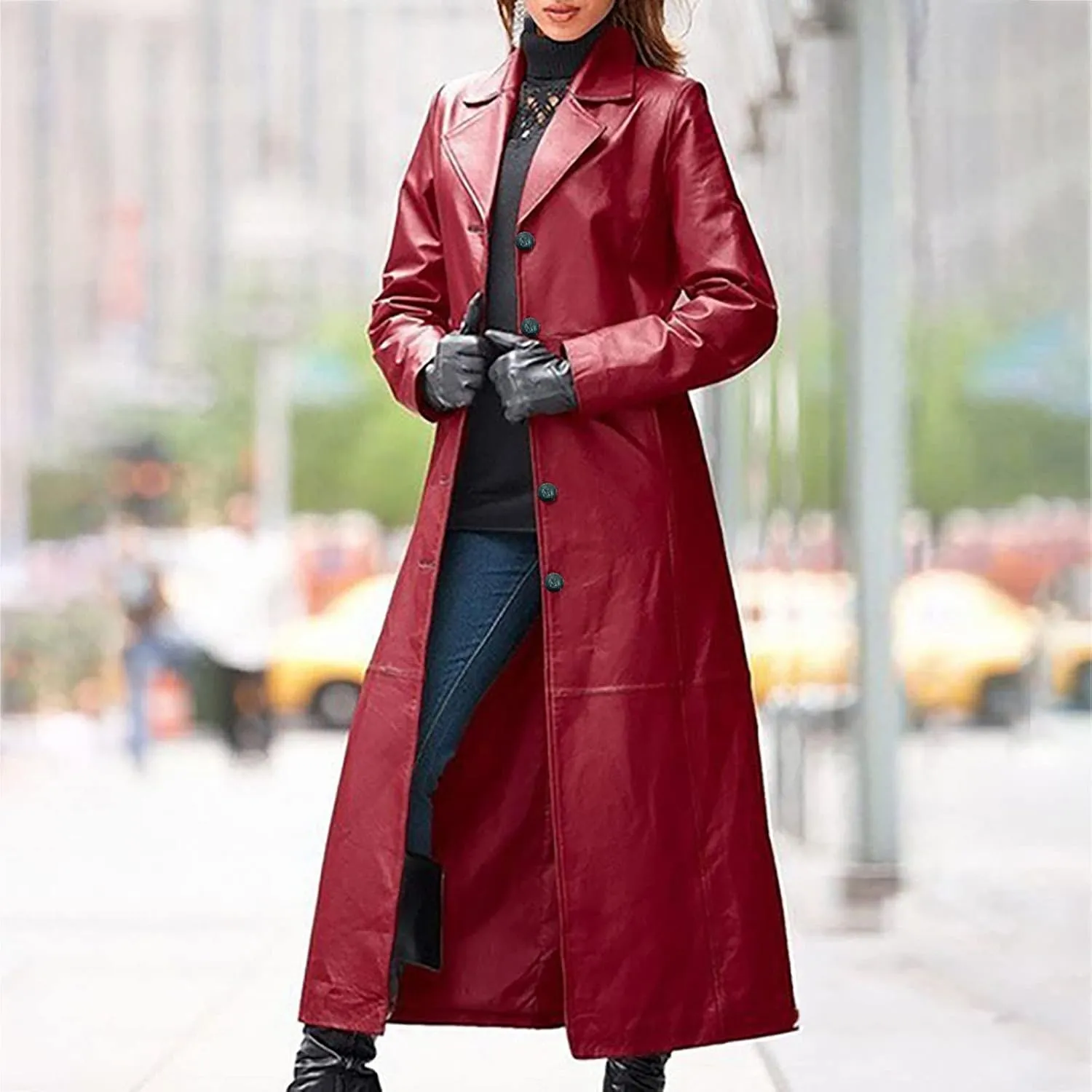 Womens Leather Long Jackets Dress Full Zipper Leather Jacket Coats Fashion Motorcycle Outwear PU Faux Leather Jackets