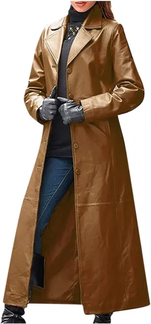 Womens Leather Long Jackets Dress Full Zipper Leather Jacket Coats Fashion Motorcycle Outwear PU Faux Leather Jackets