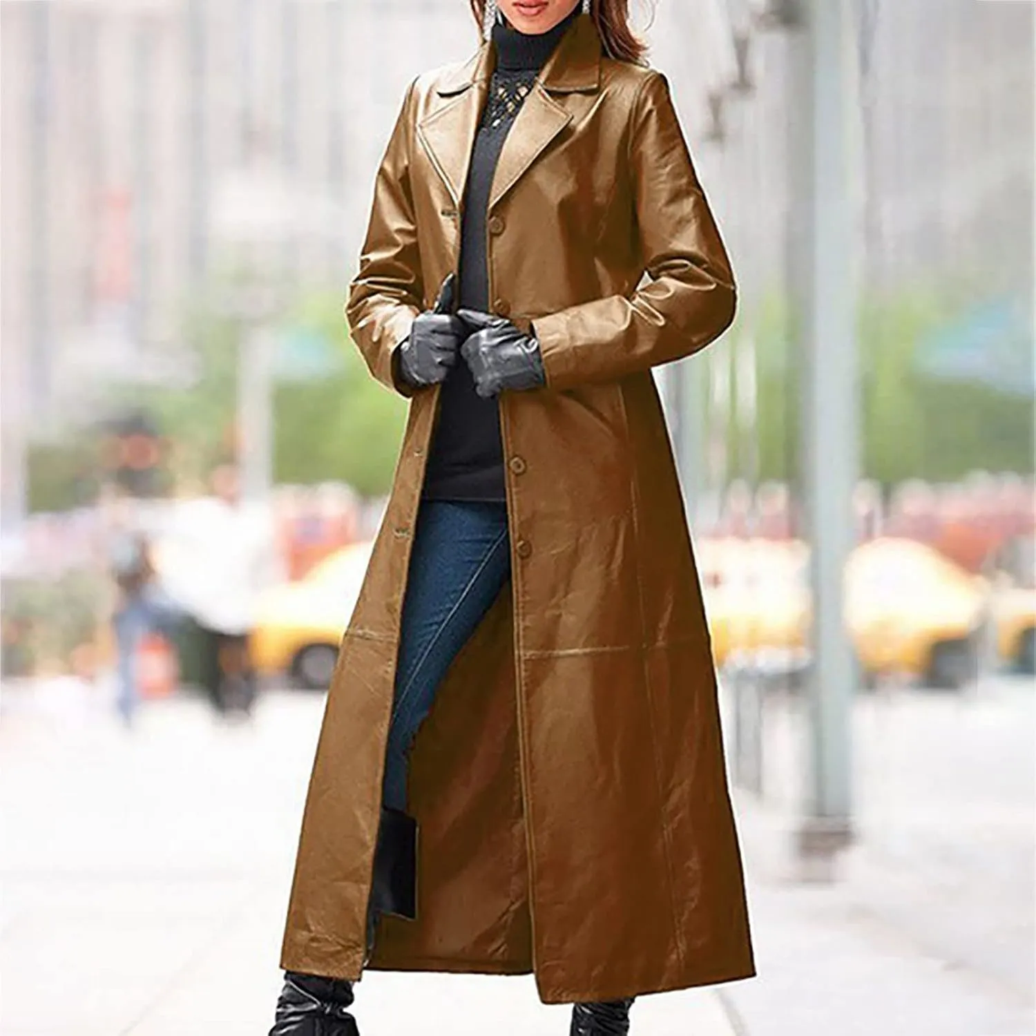 Womens Leather Long Jackets Dress Full Zipper Leather Jacket Coats Fashion Motorcycle Outwear PU Faux Leather Jackets