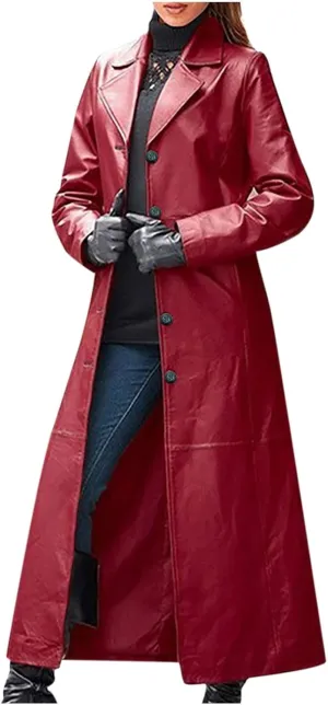 Womens Leather Long Jackets Dress Full Zipper Leather Jacket Coats Fashion Motorcycle Outwear PU Faux Leather Jackets