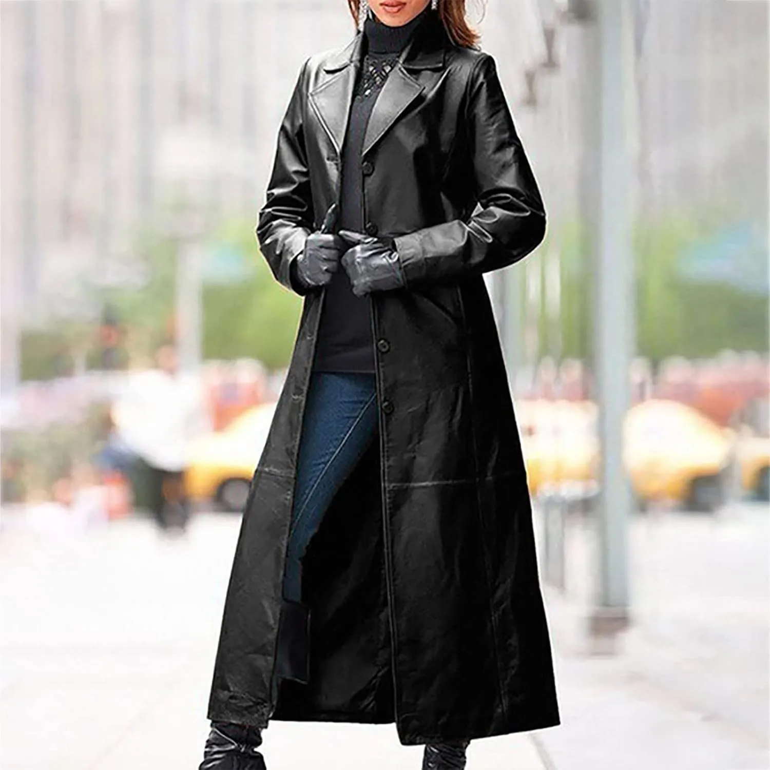 Womens Leather Long Jackets Dress Full Zipper Leather Jacket Coats Fashion Motorcycle Outwear PU Faux Leather Jackets