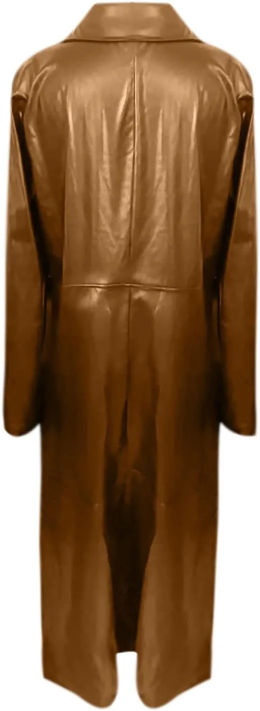 Womens Leather Long Jackets Dress Full Zipper Leather Jacket Coats Fashion Motorcycle Outwear PU Faux Leather Jackets