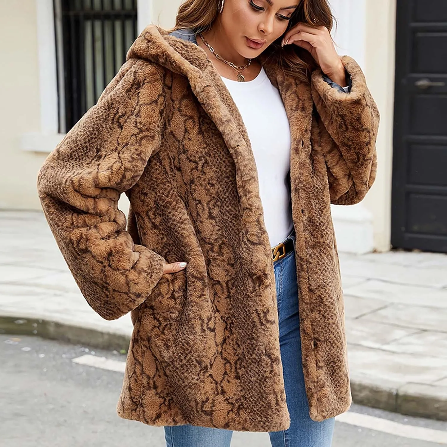 Womens Leopard Faux Fur Coats with Hood Fuzzy Fleece Sherpa Jackets Fluffy Shearling Open Front Cardigan Outerwear