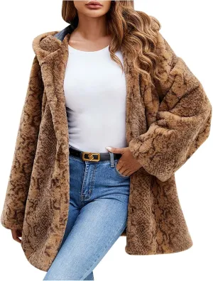 Womens Leopard Faux Fur Coats with Hood Fuzzy Fleece Sherpa Jackets Fluffy Shearling Open Front Cardigan Outerwear
