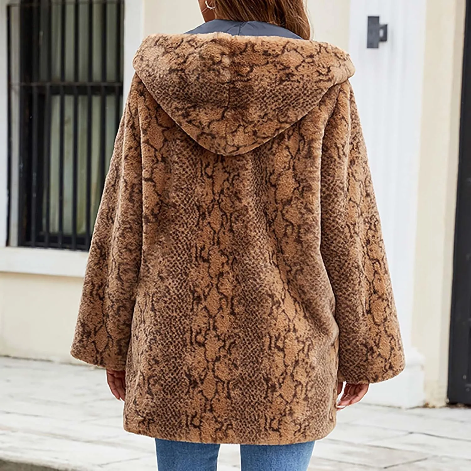 Womens Leopard Faux Fur Coats with Hood Fuzzy Fleece Sherpa Jackets Fluffy Shearling Open Front Cardigan Outerwear