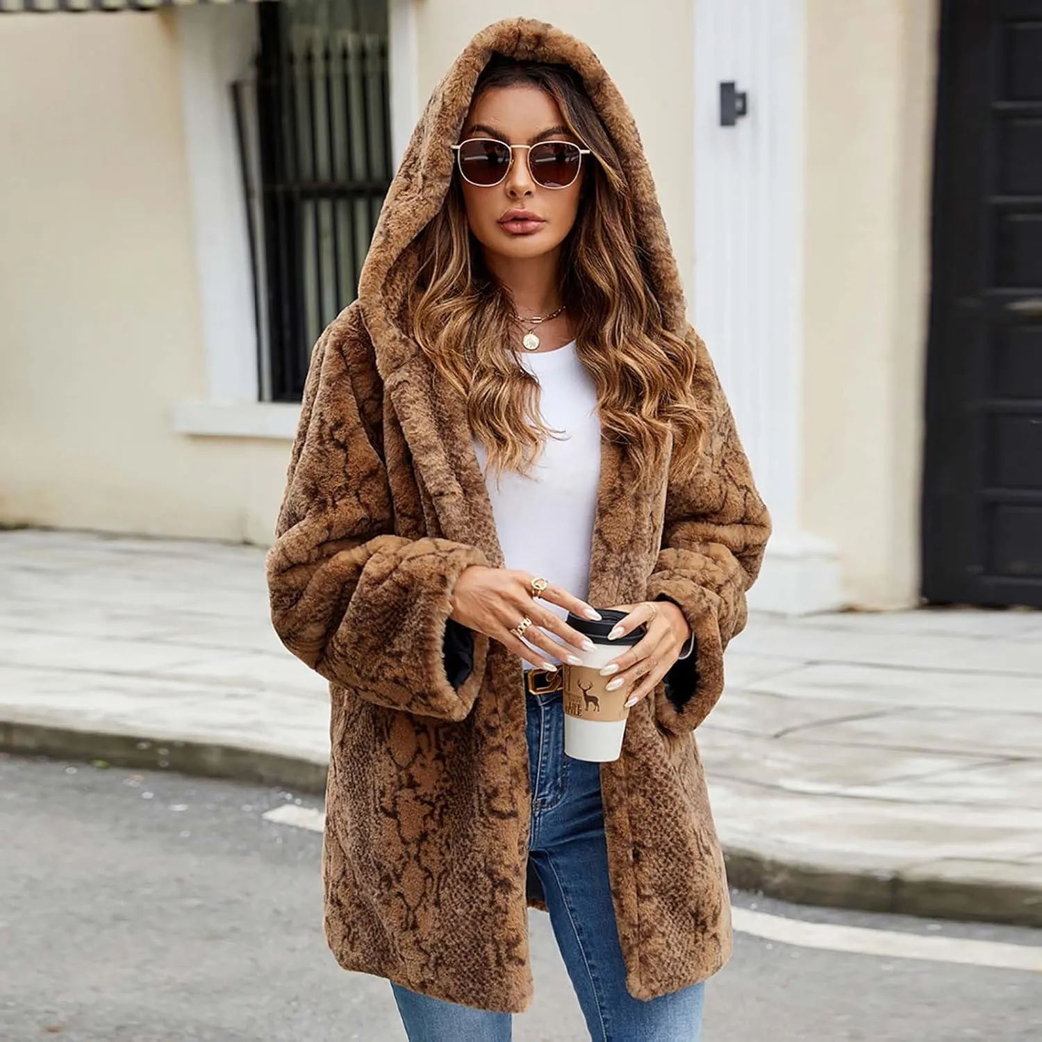 Womens Leopard Faux Fur Coats with Hood Fuzzy Fleece Sherpa Jackets Fluffy Shearling Open Front Cardigan Outerwear