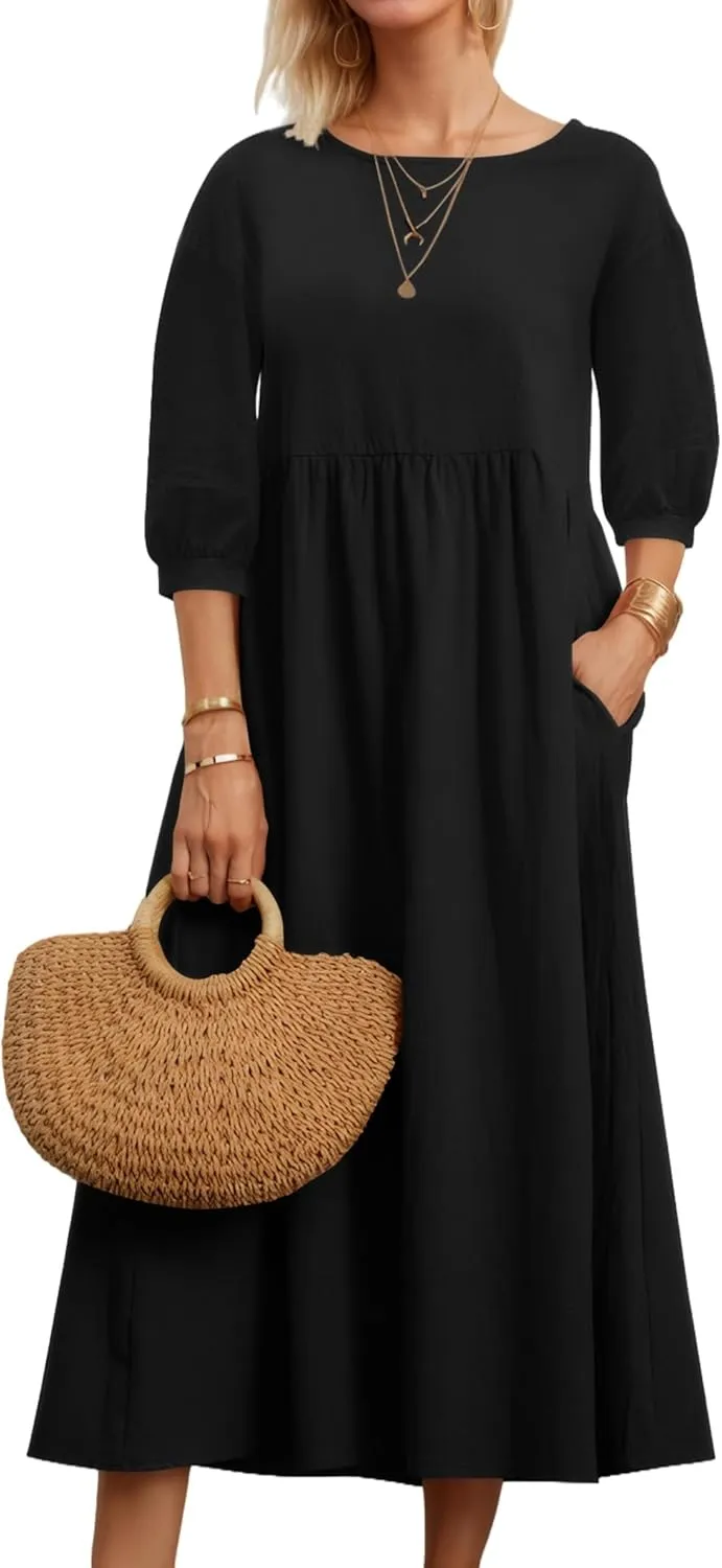 Womens Linen Cotton Dresses Solid 3/4 Sleeves Maxi Casual Dress with Pocket