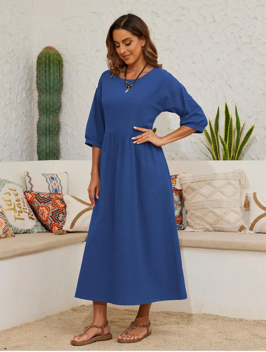 Womens Linen Cotton Dresses Solid 3/4 Sleeves Maxi Casual Dress with Pocket