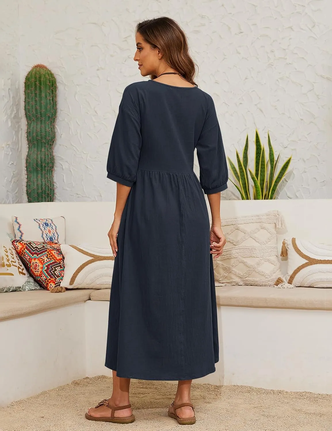 Womens Linen Cotton Dresses Solid 3/4 Sleeves Maxi Casual Dress with Pocket