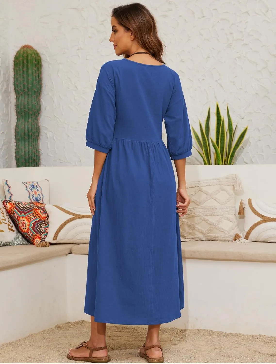 Womens Linen Cotton Dresses Solid 3/4 Sleeves Maxi Casual Dress with Pocket