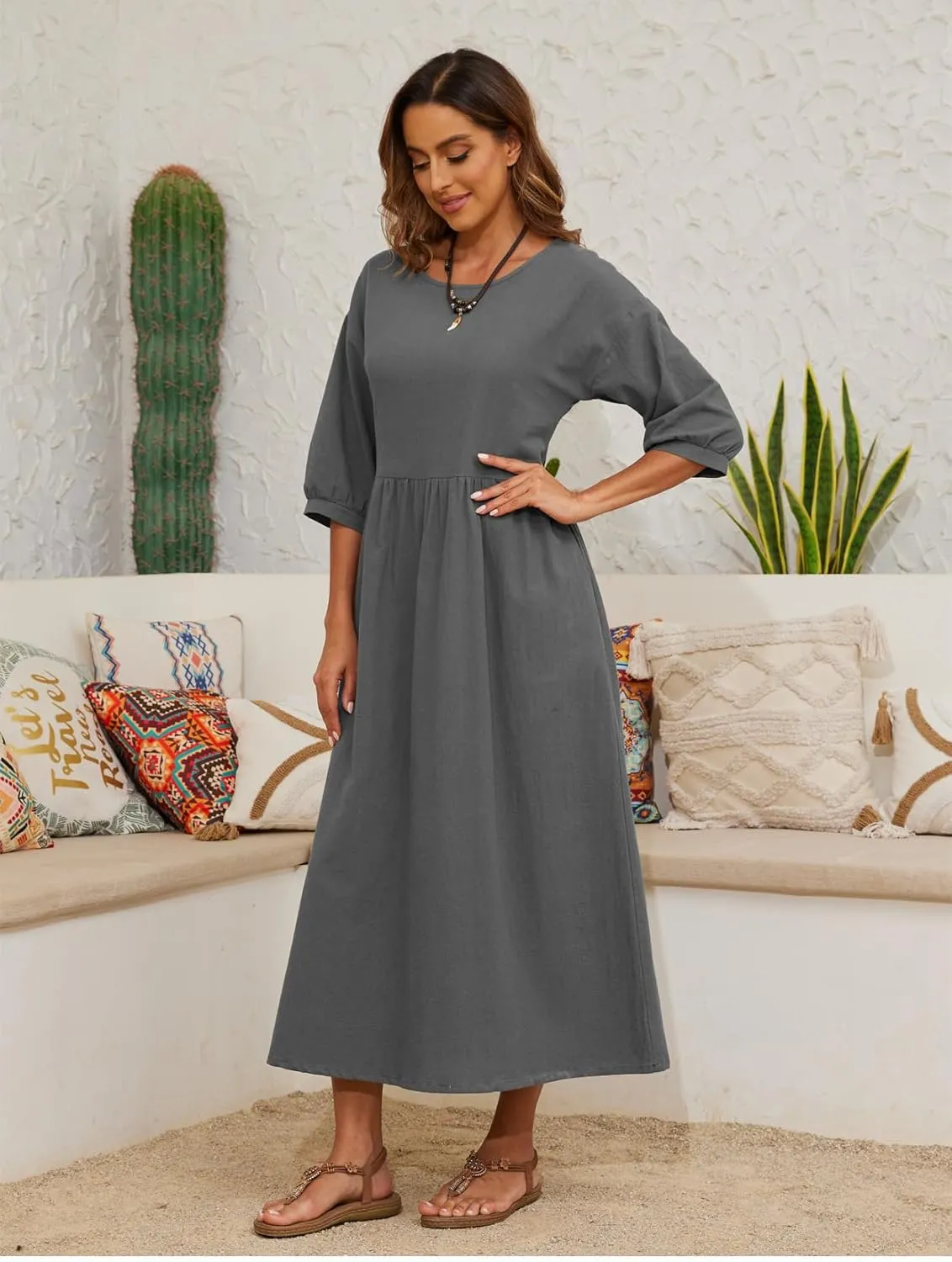 Womens Linen Cotton Dresses Solid 3/4 Sleeves Maxi Casual Dress with Pocket